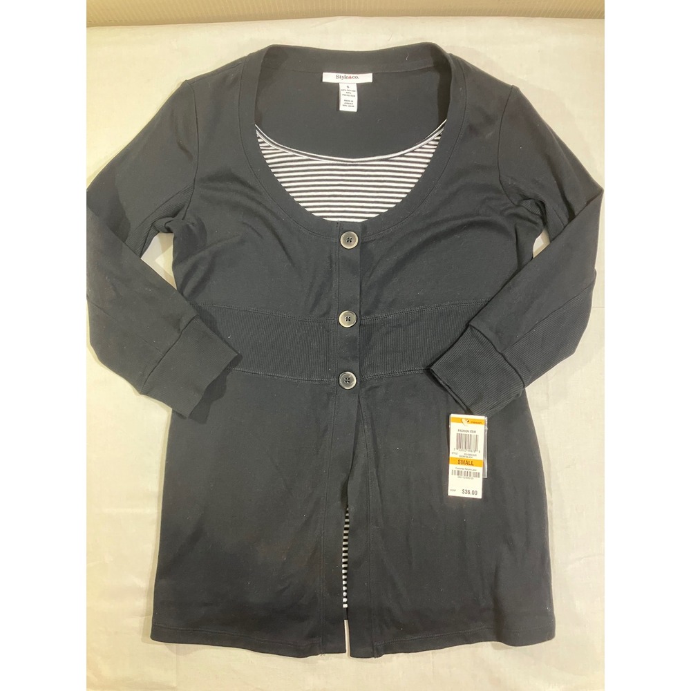 Style & Co Womens Small Ebony Black Layered Look Button Front Top 20106BK805 NEW